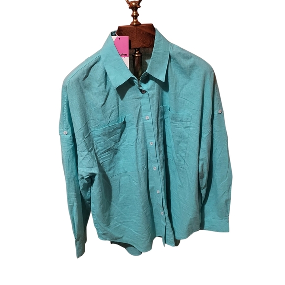 PaintColors Women's Teal Long Sleeve Button Linen Cotton Blend Shirt Size XXL - Picture 1 of 6